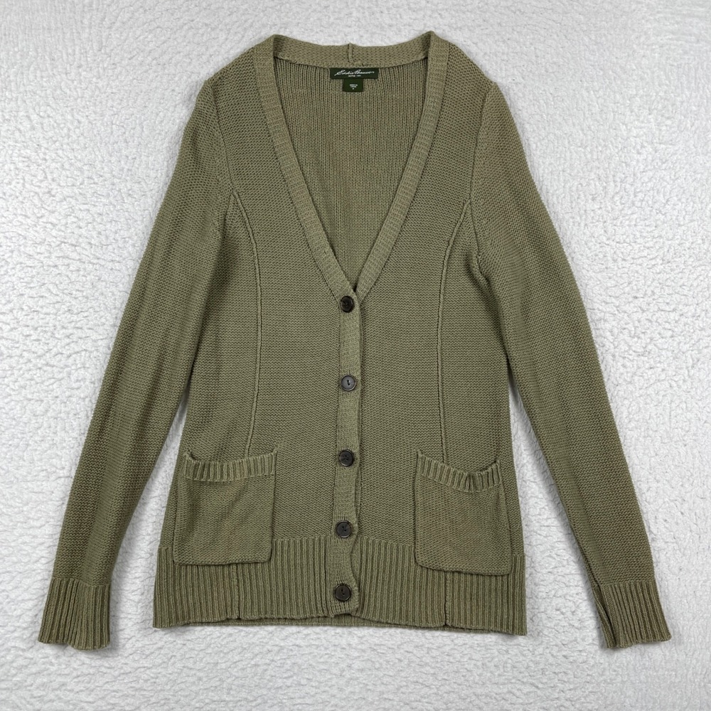 Eddie Bauer Cardigan Sweater Women Medium Olive Green Cotton Shaker Knit Pockets